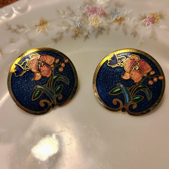 Vtg Cloisonne Enameled Round Floral Butterfly Brooch And Earring Set Navy - Picture 5 of 6